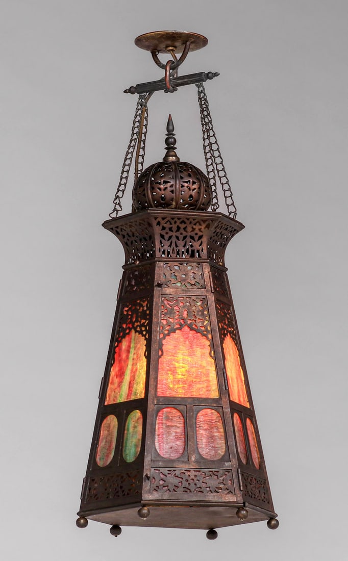 Moroccan Arts & Crafts Cutout Brass & Slag Glass Hanging Lantern c1910