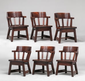 Rare Gustav Stickley Set of 6 Oak Captain's Chairs c1910