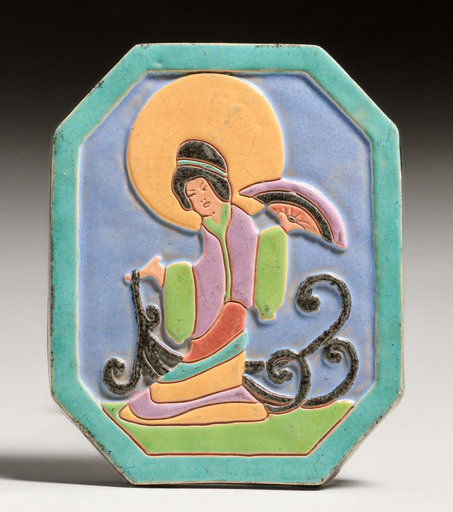 Los Angeles High School Art Deco Carved & Decorated Japonesque Trivet Tile 1926: Los Angeles High School Art Deco Carved & Decorated Japonesque Trivet Tile 1926. Signed "To Mother From Mickey Dec 29, 26'. Came with similar tile signed "L.A.H.S." Perfect condition. 5 3/8"h x 5"w. S