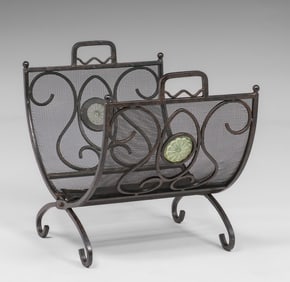 Arts & Crafts Spanish Revival Iron & Glass Rosettes Log Holder c1920s