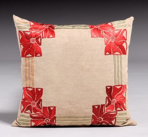Arts & Crafts Hand Embroidered Secessionist Floral Pillow c1910