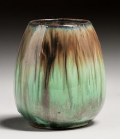 Fulper Pottery Chinese Green & Mirror Black Drip Flambe Vase c1910