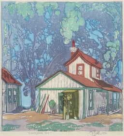 Otto Hake (1876-1965) Arts & Crafts Color Woodcut "Fisherman's Hut" 1933