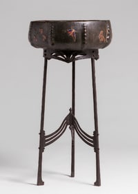 Vierthaler - German Hammered Copper & Enamel Repousse Jardiniere & Pedestal c1900
