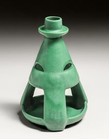 Unusual Weller Bedford Matte Green Cutout Candlestick c1910