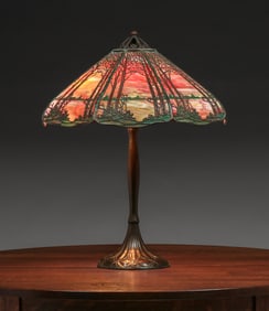 Large Handel Sunset Pine Tree Overlay Lamp c1910