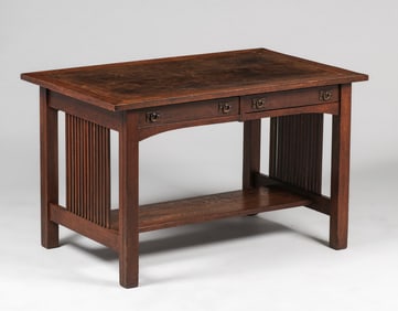 Early L&JG Stickley Onondaga Spindled Leather-Top Two-Drawer Library Table c1902-1904