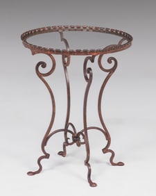 Arts & Crafts Spanish Revival Glass Top Hand-Forged & Iron Patio Table c1920s