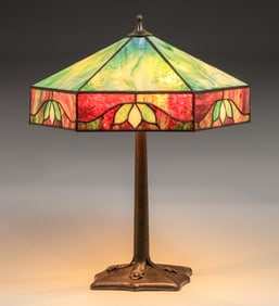 Arts & Crafts Hammered Copper & Leaded Glass Lamp c1910