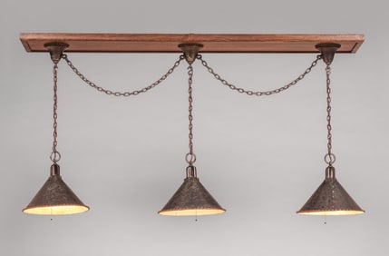 Arts & Crafts Period Hammered Copper & Iron Triple Billiard Light c1910