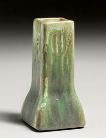 Fulper Pottery Leopardskin & Matte Green Drip Square Vase c1910