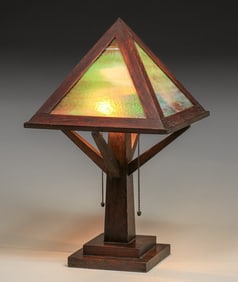 W.B. Moses & Sons Oak & Slag Glass Lamp c1910