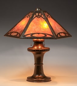 Large Limbert Hammered Copper & Mica Six-Panel Cutout Lamp c1910