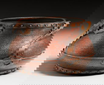 Stickley Brothers Hammered Copper & Brass Heart Cutout Jardiniere c1910