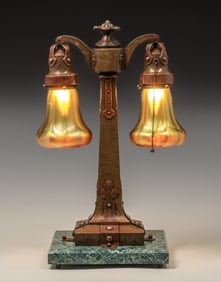 Double Quezal Glass Shade Arts & Crafts Hammered Copper & Brass Lamp c1910