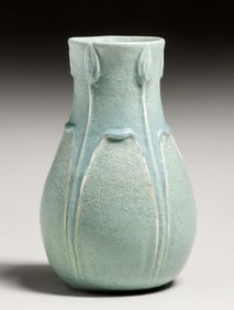 Grueby Pottery Matte Blue Leaves & Buds Vase c1905