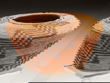 Native American - Yokuts Three-Color Polychrome Geometric Basket c1900s