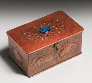 Newlyn Hammered Copper & Enamel Fish & Sea Creature Box c1900