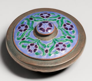 Eva Macomber, Boston Society of Arts & Crafts Hammered Copper & Enamel Large Covered Bowl c1910