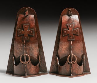 Arts & Crafts Nordic Hammered Copper & Brass Bookends c1920s