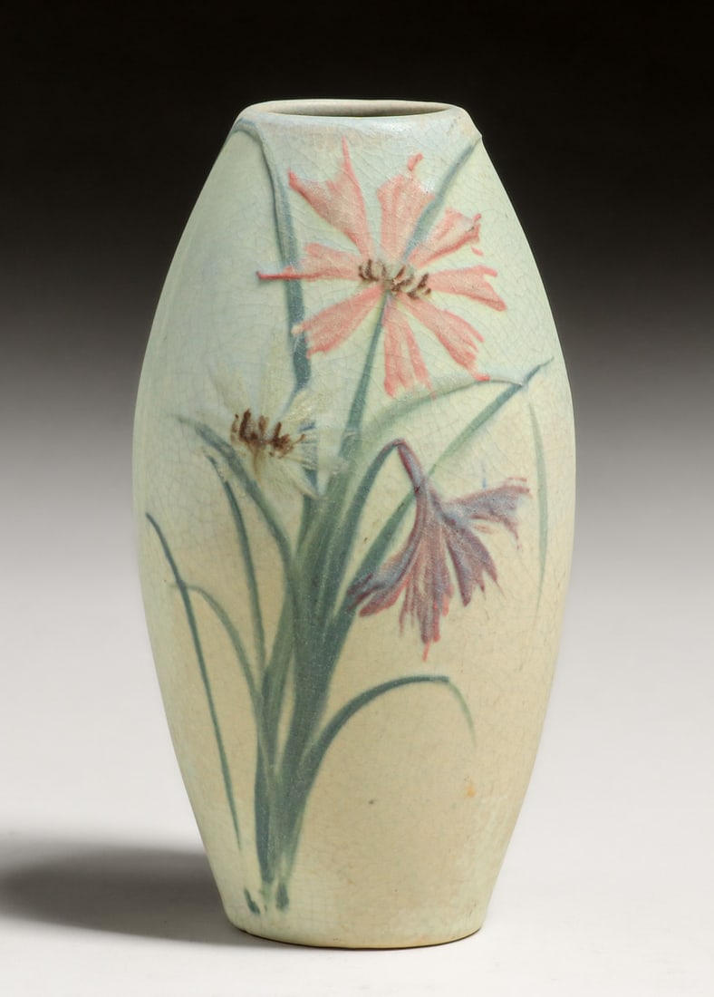 Owens Parchment #827 Floral Vase c1900s: Owens Parchment #827 Floral Vase c1900s. Signed. Perfect condition. 7"h x 3.5"d. Spend $7500 or more at our two day auction and all of your SHIPPING IS FREE within the lower 48 states. SHIPPING We box