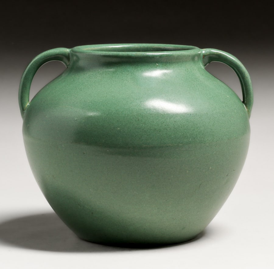 Zanesville Stoneware #317 Matte Green Two-Handled Vase c1920 (1 of 4)