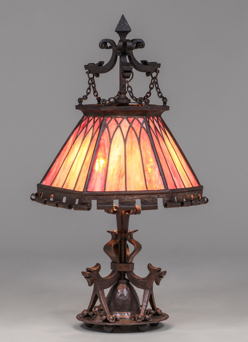 Unusual Arts & Crafts Period Hand-Forged Iron & Leaded Glass Lamp c1910 (1 of 6)
