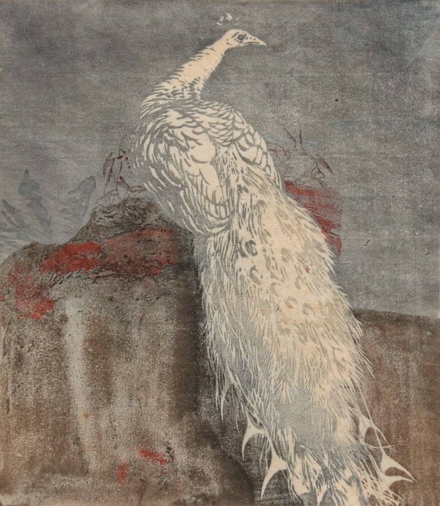 Hans Frank (Austrian 1884-1948) Color Woodcut "White Peacock" c1920 (1 of 4)