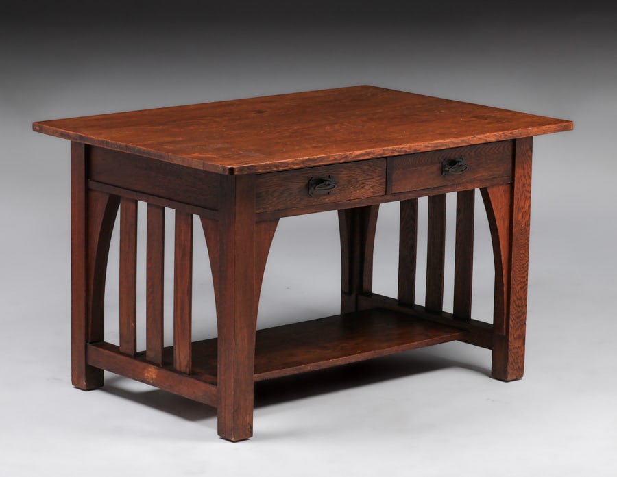 Limbert Two-Drawer Slatted Library Table c1910 (1 of 4)