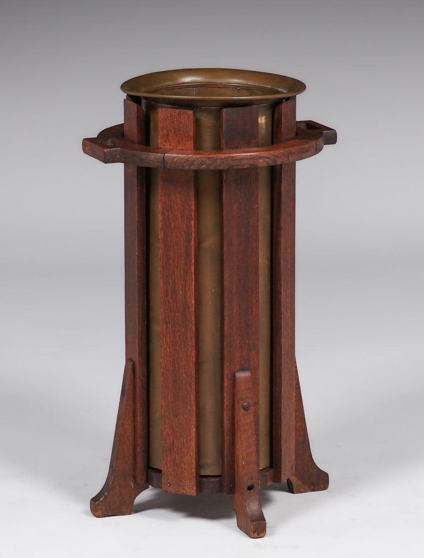Lakeside Crafts Shop - Sheboygan, WI Oak & Brass Umbrella Stand c1910 (1 of 4)