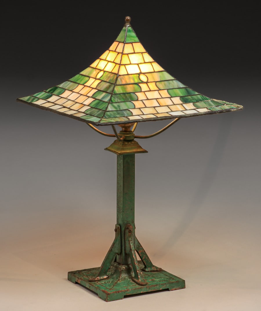 Edward Miller & Co - Meriden, CT Brass & Leaded Glass Lamp c1910 (1 of 8)
