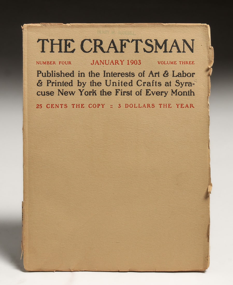 Gustav Stickley Craftsman Magazine January 1903: Gustav Stickley Craftsman Magazine January 1903. Slight fraying to lower spine, otherwise excellent condition. 10.5"h x 8"w. Spend $7500 or more at our two day auction and all of your SHIPPING IS FREE
