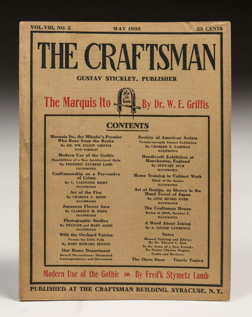 Gustav Stickley Craftsman Magazine May 1905: Gustav Stickley Craftsman Magazine May 1905. Excellent condition. 10.5"h x 8"w. Spend $7500 or more at our two day auction and all of your SHIPPING IS FREE within the lower 48 states. SHIPPING We box