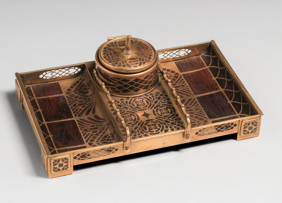 Erhard & Sohne - German Arts & Crafts Mahogany & Brass Desk Tray Inkwell c1905 (1 of 6)