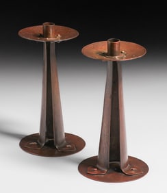 Arts & Crafts Secessionist Hammered Copper Strap-Form Candlesticks c1910