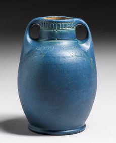 Volkmar Pottery Matte Blue Two-Handled Incised Fish Vase c1905