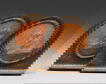 Roycroft Hammered Copper Tooled Leather Owl Bookends c1920s