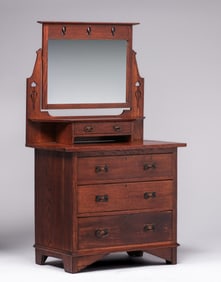 English Arts & Crafts Tulip-Cutout Dresser & Mirror c1900s