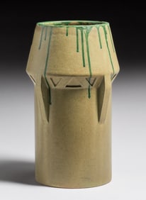 Large Fulper Pottery Matte Green Drip Buttress Vase c1910