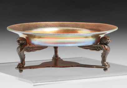 Steuben Aurene Art Glass Bowl & Bronze Winged Griffin Stand c1900s