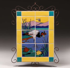 Catalina Island Crane Tile Mural Plaque c1930