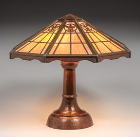 Limbert Hammered Copper & Slag Glass Lamp c1910