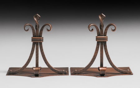 Roycroft Hammered Copper Three-Strap Bookends c1920s