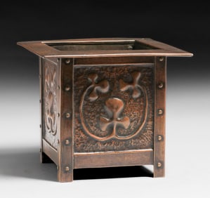 Margaret Gilmour – Glasgow Hammered Copper Clovers Jardiniere c1900s