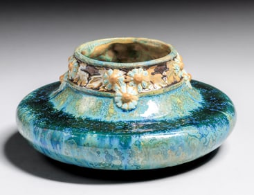 Pierrefonds - French Blue Crystalline Floral Squat Vase c1905