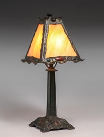 Arts & Crafts Iron & Slag Glass Lamp c1910s