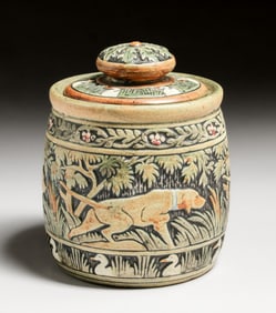 Weller Knifewood Hunting Dog Tobacco Jar c1910s
