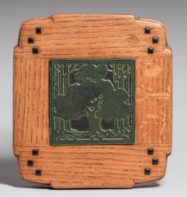 Marblehead Arthur Baggs Carved Matte Green Oak Tree Tile c1908