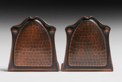 Roycroft Hammered Copper Curled-Top Bookends c1920s