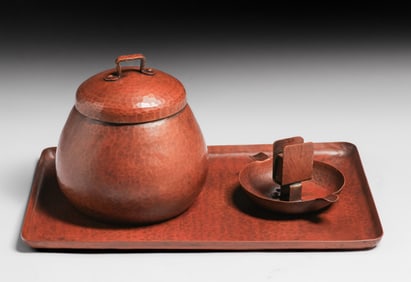 Dirk van Erp Hammered Copper Three Piece Smoker's Set c1911-1912